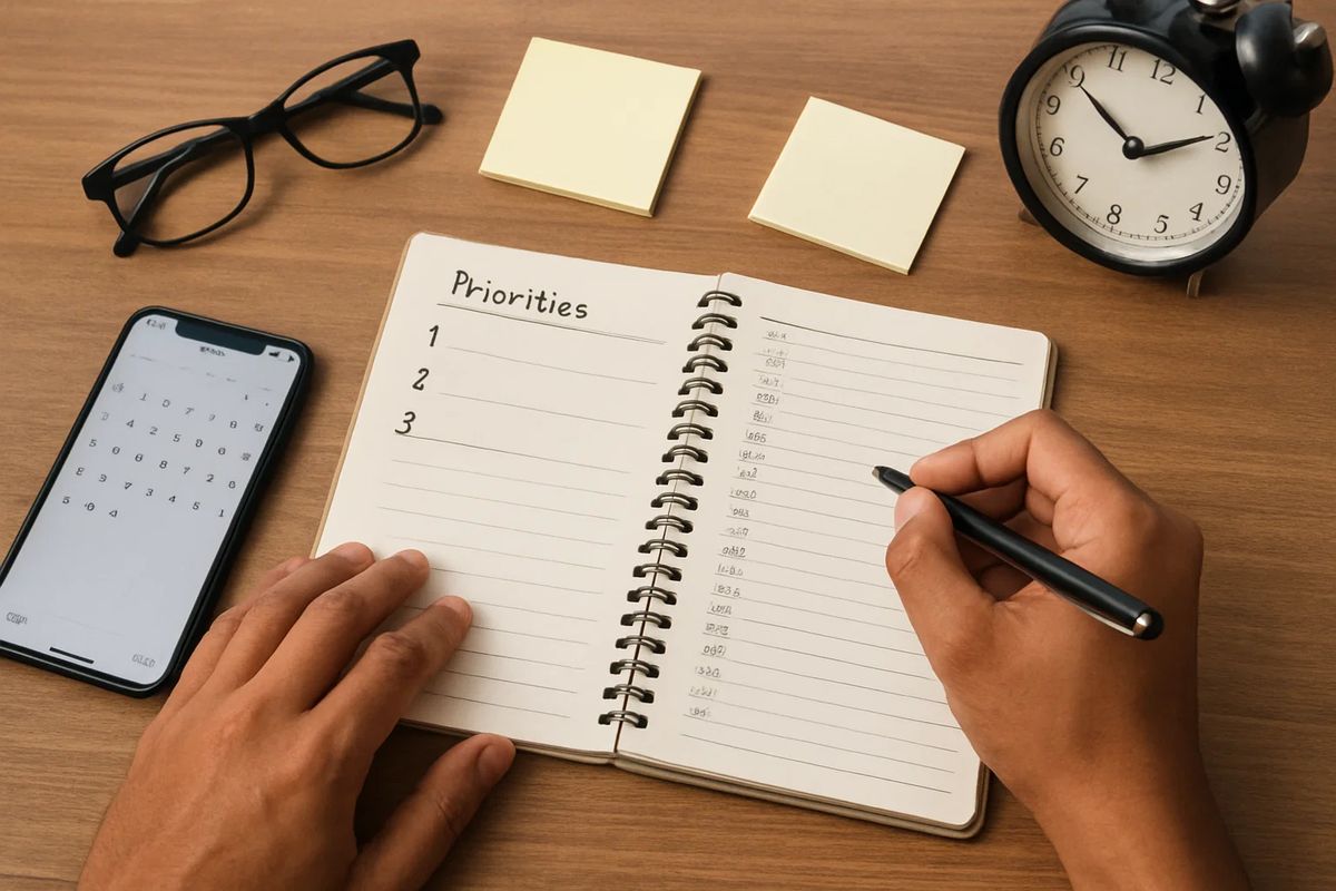 Työpöydällä järjestyneitä kortteja jotka kuvaavat päivän osioita